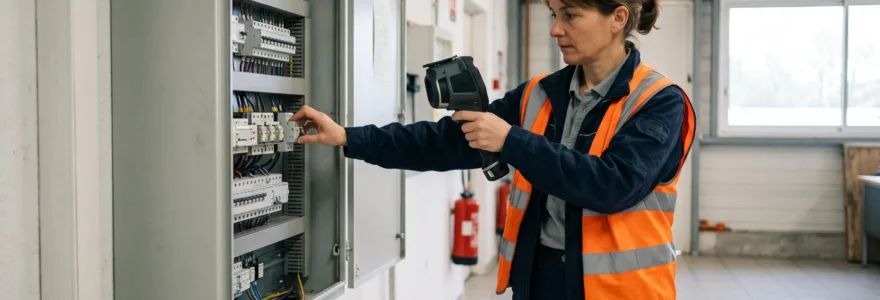 Auditeur énergétique inspectant un tableau électrique avec un appareil de mesure dans un local commercial