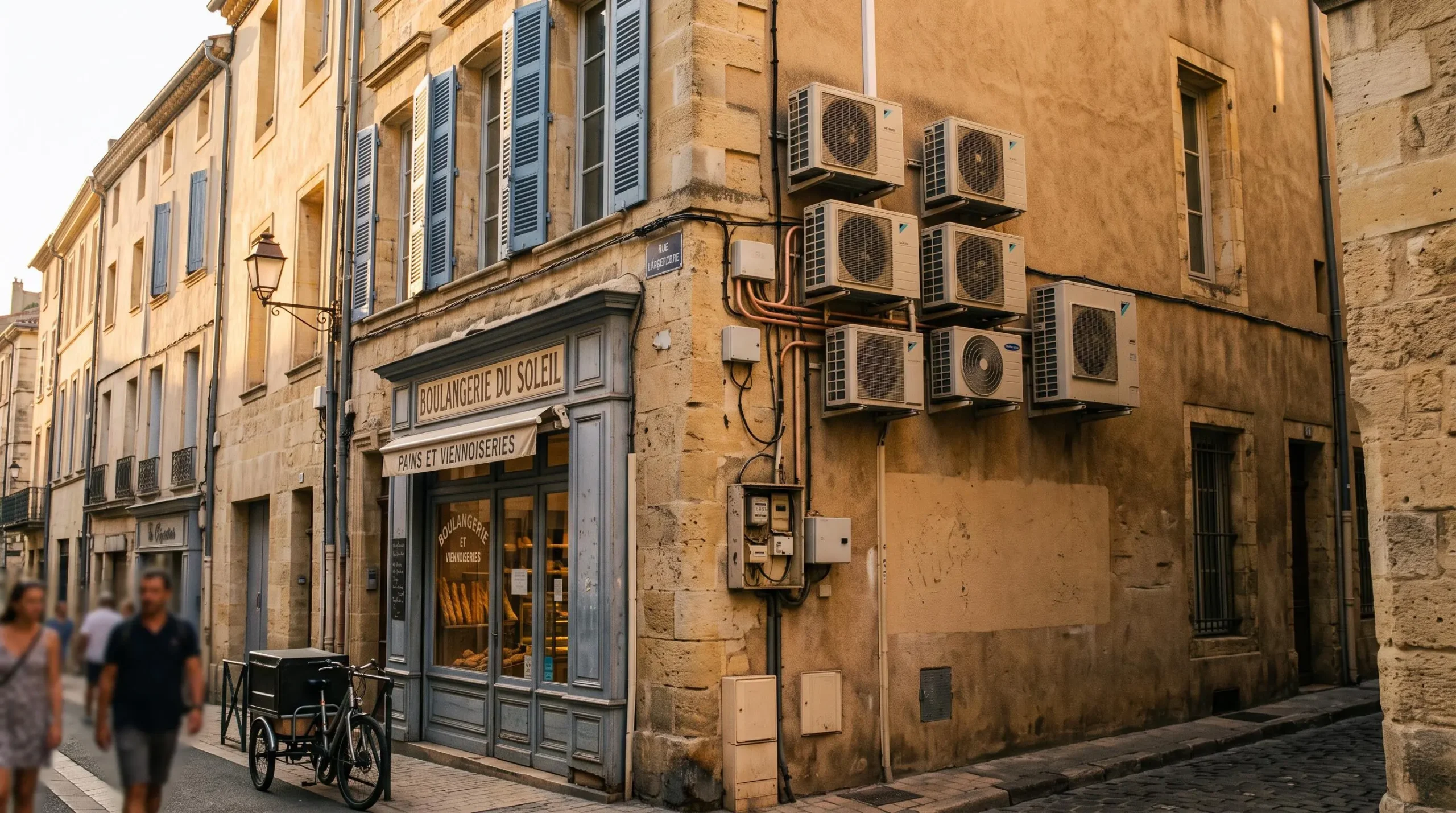 Façade d'un commerce à Montpellier avec installations énergétiques visibles