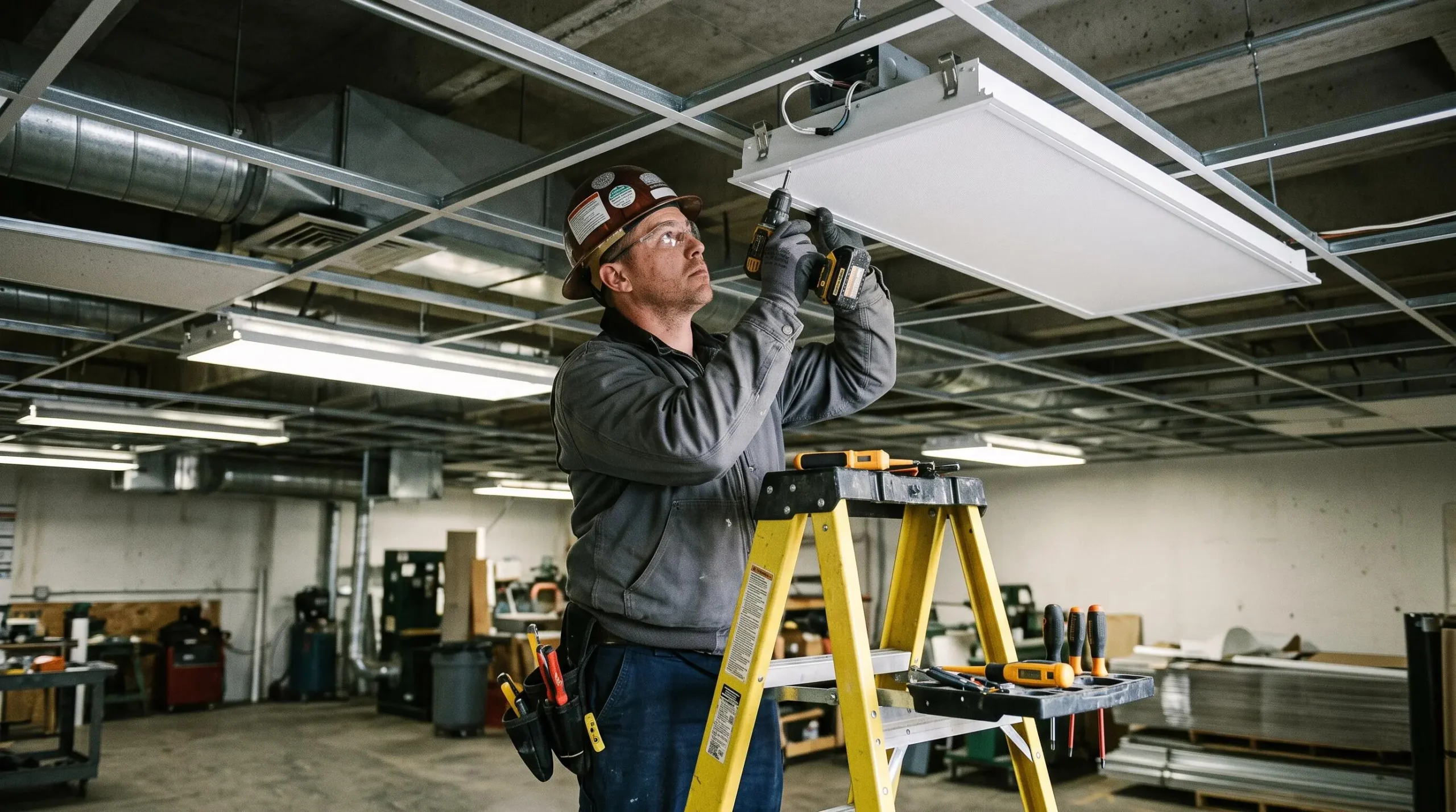 Technicien installant un éclairage LED écoénergétique au plafond d'un espace commercial